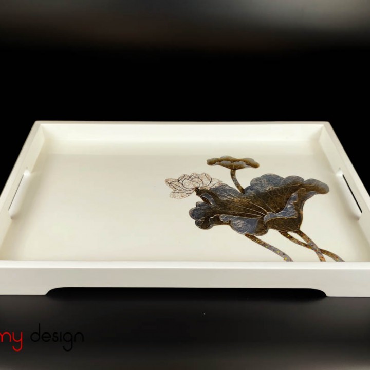 White rectangular lacquer tray with hand-painted lotus 28*45cm